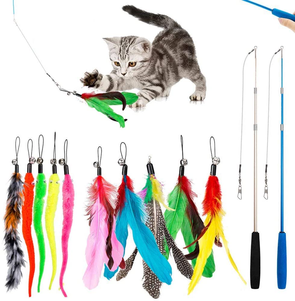 Varita de Gato para Juegos y Ejercicio con Feather,Juguete de Cazador de Gatos Interactivo Varita para Ejercitar Gatos y Gatitos VZATT Juguetes para Gatos Plumas Interactivas